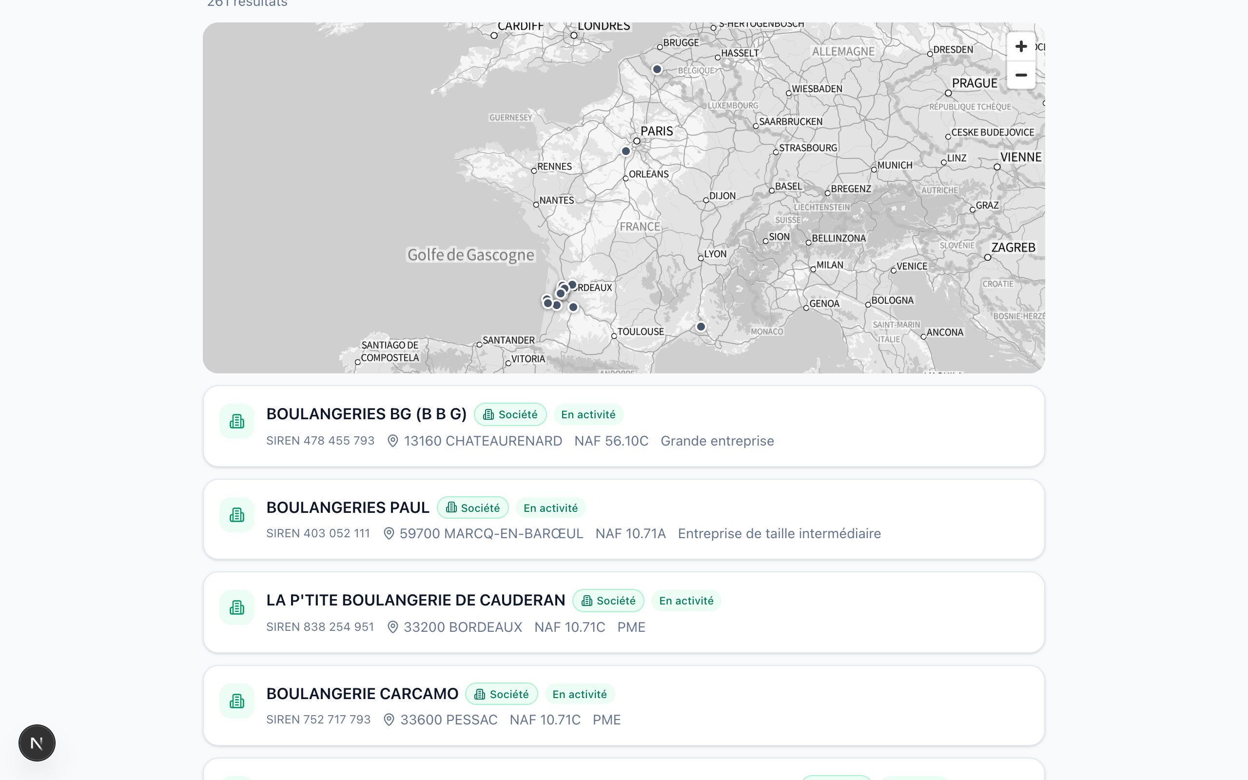 Résultats de recherche d'entreprises avec filtres par secteur, territoire et finances